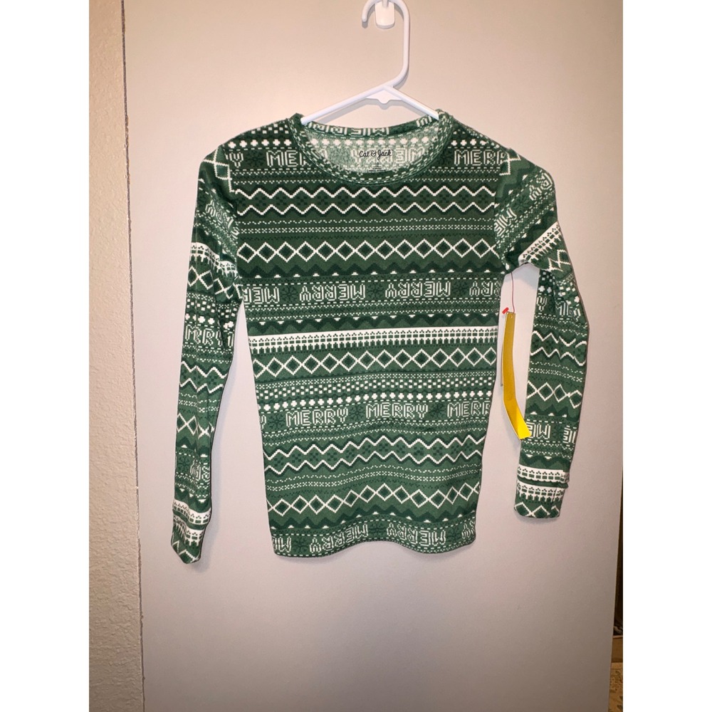 Cat & Jack Kids Green Fair Isle Merry Christmas Pajama Top Size 10 Long Sleeve‎